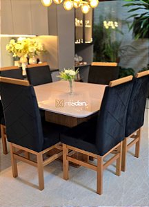 CONJUNTO DE JANTAR MARK 130X130 OFF WHITE - 6 CADEIRAS CANELA PRETA MODELO 19
