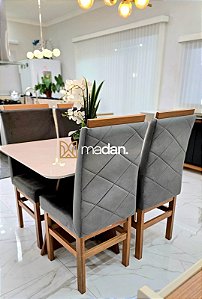 CONJUNTO MESA MARK OFF WHITE 120X090 + 4 CADEIRAS MARK MODELO 19 - TECIDO GRAFITE