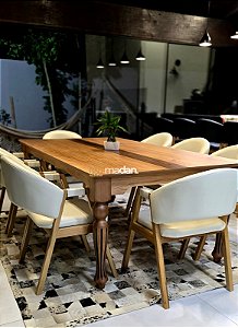 Conjunto Mesa Isadora 220x120 + 8 Cadeiras Agatha | Tecido Courissimo Creme