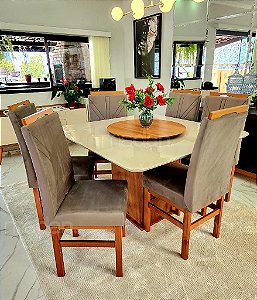 CONJUNTO DE JANTAR MARK 130X130 NOGUEIRA + 6 CADEIRAS MARK MODELO 18