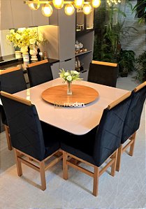 CONJUNTO DE JANTAR MARK 130X130 CANELA + 6 CADEIRAS MODELO 19 + PRATO GIRATÓRIO