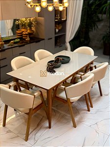 CONJUNTO MESA ELISA 180X090 + 6 CADEIRAS AGATHA CREME