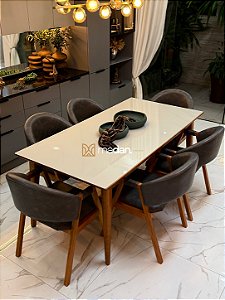 CONJUNTO MESA ELISA 180X090 + 6 CADEIRAS AGATHA CINZA