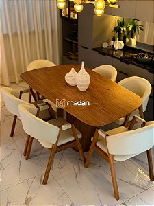 CONJUNTO MESA ORGÂNICA C/ BASE RIPADA 180X100 + 6 CADEIRAS AGATHA CREME