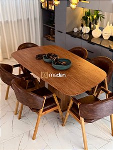 CONJUNTO MESA ORGÂNICA C/ BASE RIPADA 180X100 + 6 CADEIRAS AGATHA MARROM