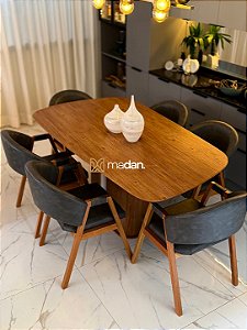 CONJUNTO MESA ORGÂNICA C/ BASE RIPADA 180X100 + 6 CADEIRAS AGATHA CINZA