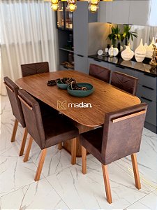 CONJUNTO MESA ORGÂNICA C/ BASE RIPADA 180X100 + 6 CADEIRAS MARK MODELO 32 MARROM