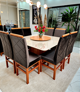 CONJUNTO MESA MARK 130X130 NOGUEIRA + 8 CADEIRAS MARK MODELO 19 MARROM