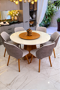 CONJUNTO MESA MARK REDONDA 130m + 6 CADEIRAS MARK MODELO 30 CINZA + PRATO GIRATORIO