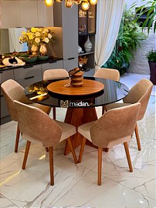 CONJUNTO MESA MARK REDONDA 130m + 6 CADEIRAS MARK MODELO 30 CREME + PRATO GIRATORIO