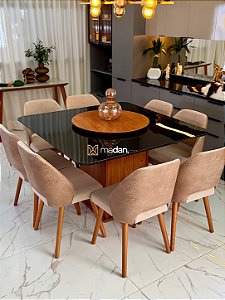CONJUNTO MESA MARK QUADRADA 130X130 + 8 CADEIRAS MARK 30 CREME + PRATO GIRATORIO