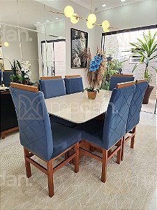 CONJUNTO MESA MARK 160X090 NOGUEIRA + 6 CADEIRAS MODELO 19 AZUL ROYAL