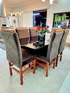 CONJUNTO MESA MARK 160X090 NOGUEIRA + 6 CADEIRAS MODELO 19 MARROM