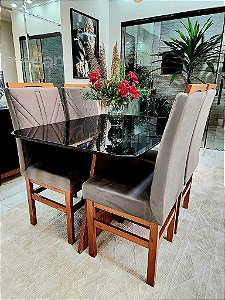 CONJUNTO MESA MARK 120X090 NOGUEIRA + 4 CADEIRAS MARK MODELO 18 CINZA
