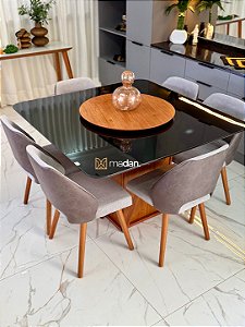 MESA MARK QUADRADA 130X130 + 6 CADEIRAS MARK 30 CINZA + PRATO GIRATORIO