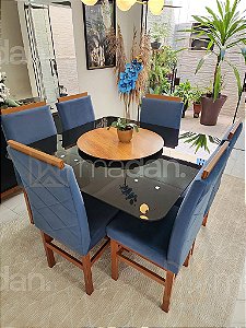 CONJUNTO MESA MARK 130X130 CANELA + 6 CADEIRAS MODELO 19 AZUL ROYAL + PRATO GIRATÓRIO