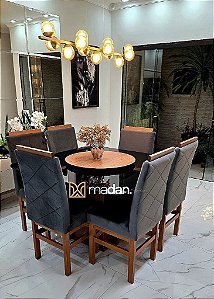 CONJUNTO MESA MARK 130X130 CANELA + 6 CADEIRAS MODELO 19 GRAFITE + PRATO GIRATÓRIO