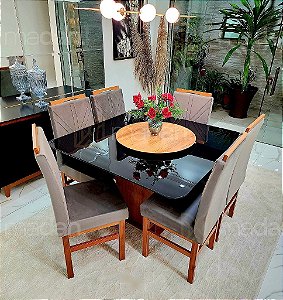 CONJUNTO MESA MARK 130X130 NOGUEIRA + 6 CADEIRAS MARK MODELO 18 CINZA