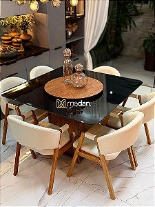 CONJUNTO MESA MARK 130X130 + 6 CADEIRAS AGATHA CREME + PRATO GIRATÓRIO