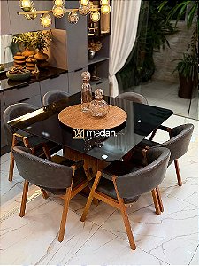 CONJUNTO MESA MARK 130X130 + 6 CADEIRAS AGATHA CINZA + PRATO GIRATÓRIO