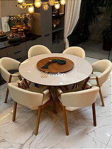 CONJUNTO MESA REDONDA AMÉLIA 135m + 6 CADEIRAS AGATHA CREME + PRATO GIRATÓRIO
