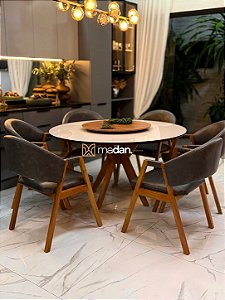 CONJUNTO MESA REDONDA AMÉLIA 135m + 6 CADEIRAS AGATHA CINZA + PRATO GIRATÓRIO