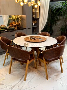 CONJUNTO MESA REDONDA AMÉLIA 135m + 6 CADEIRAS AGATHA CINZA + PRATO GIRATÓRIO