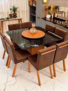 CONJUNTO MESA MARK QUADRADA 130X130 + 8 CADEIRAS MARK 32 MARROM + PRATO GIRATORIO