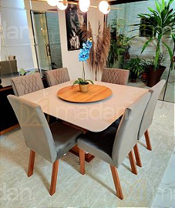 CONJUNTO MESA MARK 130X130 NOGUEIRA + 6 CADEIRAS MODELO 25 CINZA + PRATO GIRATÓRIO