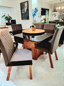 CONJUNTO MESA MARK 130X130 NOGUEIRA + 6 CADEIRAS MODELO 25 MARROM + PRATO GIRATÓRIO
