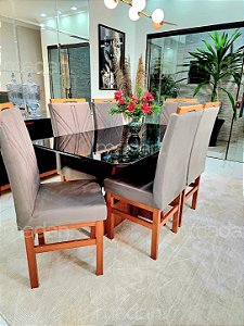 CONJUNTO MESA MARK 160X090 NOGUEIRA + 6 CADEIRAS MODELO 18 CINZA