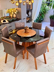 CONJUNTO MESA MARK REDONDA 130M + 6 CADEIRAS MARK MODELO 32 CINZA + PRATO GIRATORIO
