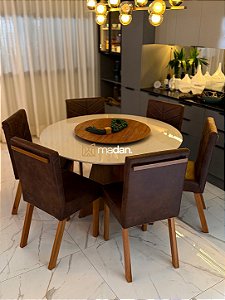 CONJUNTO MESA MARK REDONDA 130M + 6 CADEIRAS MARK MODELO 32 MARROM + PRATO GIRATORIO