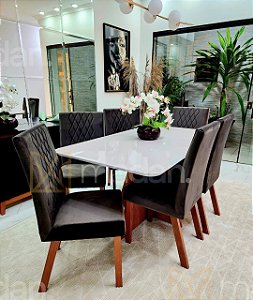 CONJUNTO MESA MARK 160X090 NOGUEIRA + 6 CADEIRAS MODELO 25 MARROM