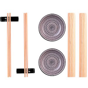 JG DE CERAMICA P/ SUSHI SAKAY C/ SUPORTE DE BAMBU PT 08PCS