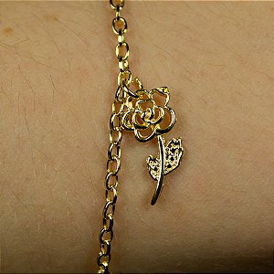 Pulseira dourada pingente flor