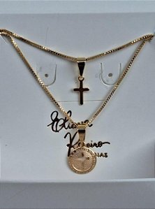 Colar duplo circulo cruz vazada e cruz