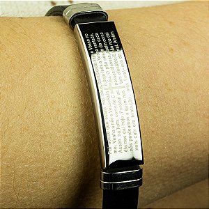 Pulseira preta Oração Pai Nosso prateada em Aço Inoxidável