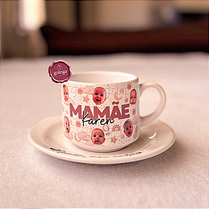 Xícara com Pires Personalizada com Rostinhos - Presente para Mãe com Fotos do Filho 180ml