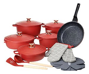 Jogo Panelas Antiaderente 18 Peças Aluminio Fundido Vermelho