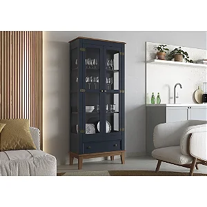 Cristaleira De Madeira Maciça 2 Portas + 1 Gaveta Azul Petróleo