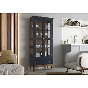 Cristaleira De Madeira Maciça 2 Portas + 1 Gaveta Azul Petróleo - Fundo Amêndoa