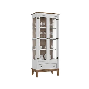 Cristaleira De Madeira Maciça 2 Portas + 1 Gaveta Branco - Fundo Amêndoa
