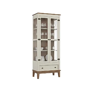 Cristaleira De Madeira Maciça 2 Portas + 1 Gaveta Off White - Fundo Amêndoa