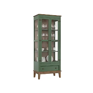 Cristaleira De Madeira Maciça 2 Portas + 1 Gaveta Verde - Fundo Amêndoa