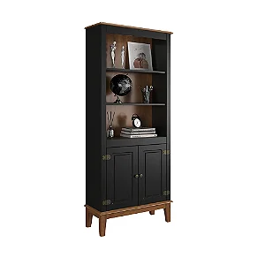 Estante de Madeira Maciça 2 Portas Preto - Fundo Amêndoa