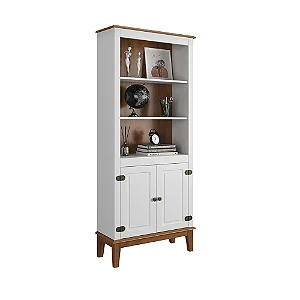 Estante de Madeira Maciça 2 Portas Branco - Fundo Amêndoa