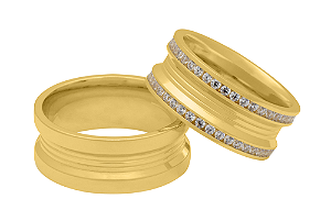 Par de Alianças Reta Confort Ouro 18k 9mm com Frisos e Zirconias 1,5mm 176P - Maube Jóias