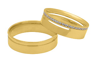 Par de Alianças Reta Confort Ouro 18k 6mm com Frisos e Zirconias 1,25mm 470P - Maube Jóias