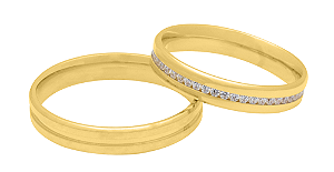 Par de Alianças Reta Confort Ouro 18k 4mm com Friso e Zirconias 1,25mm 331P - Maube Jóias